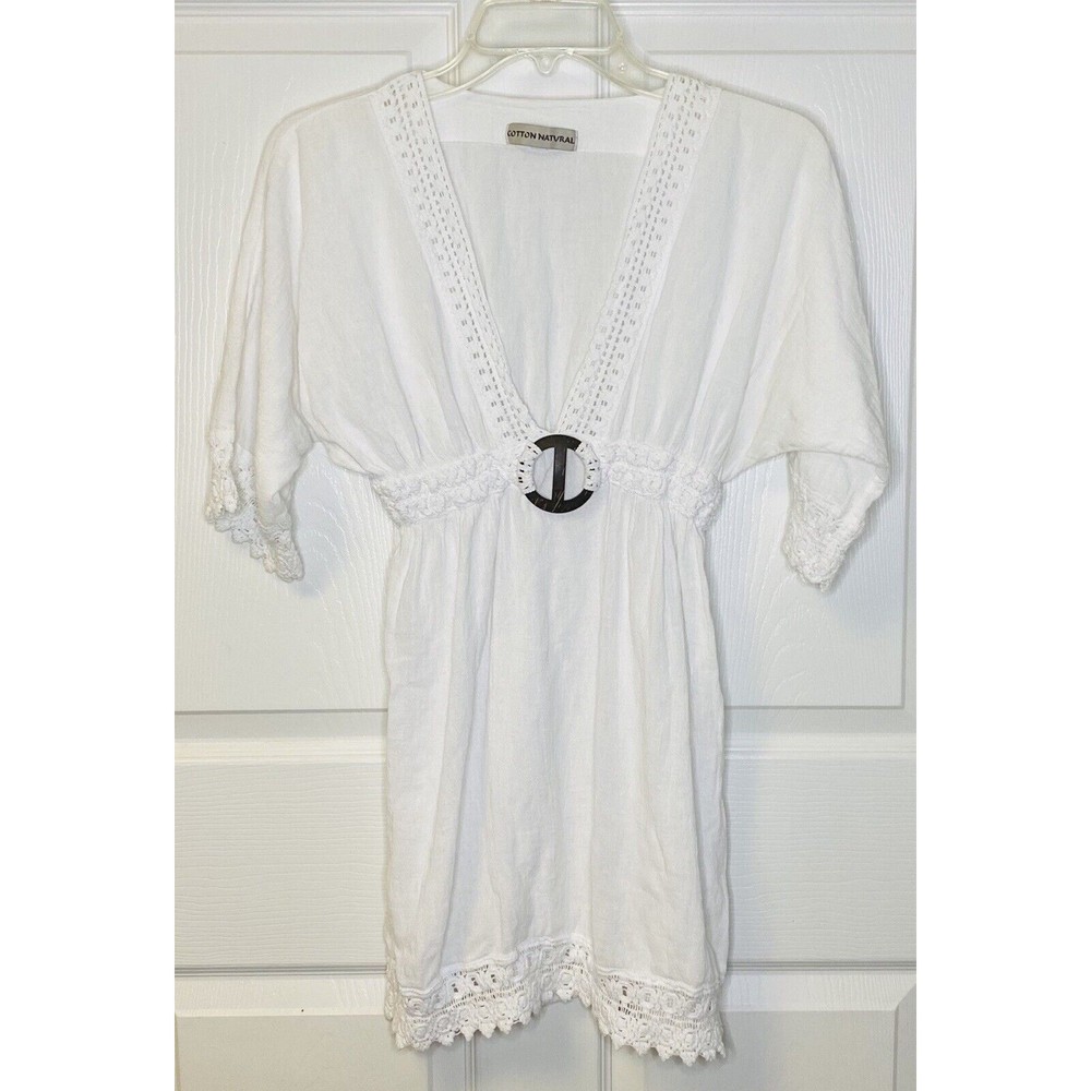 Cotton Natural Dress / Coverup Fringe Trim White Size Small Preowned See Desc.